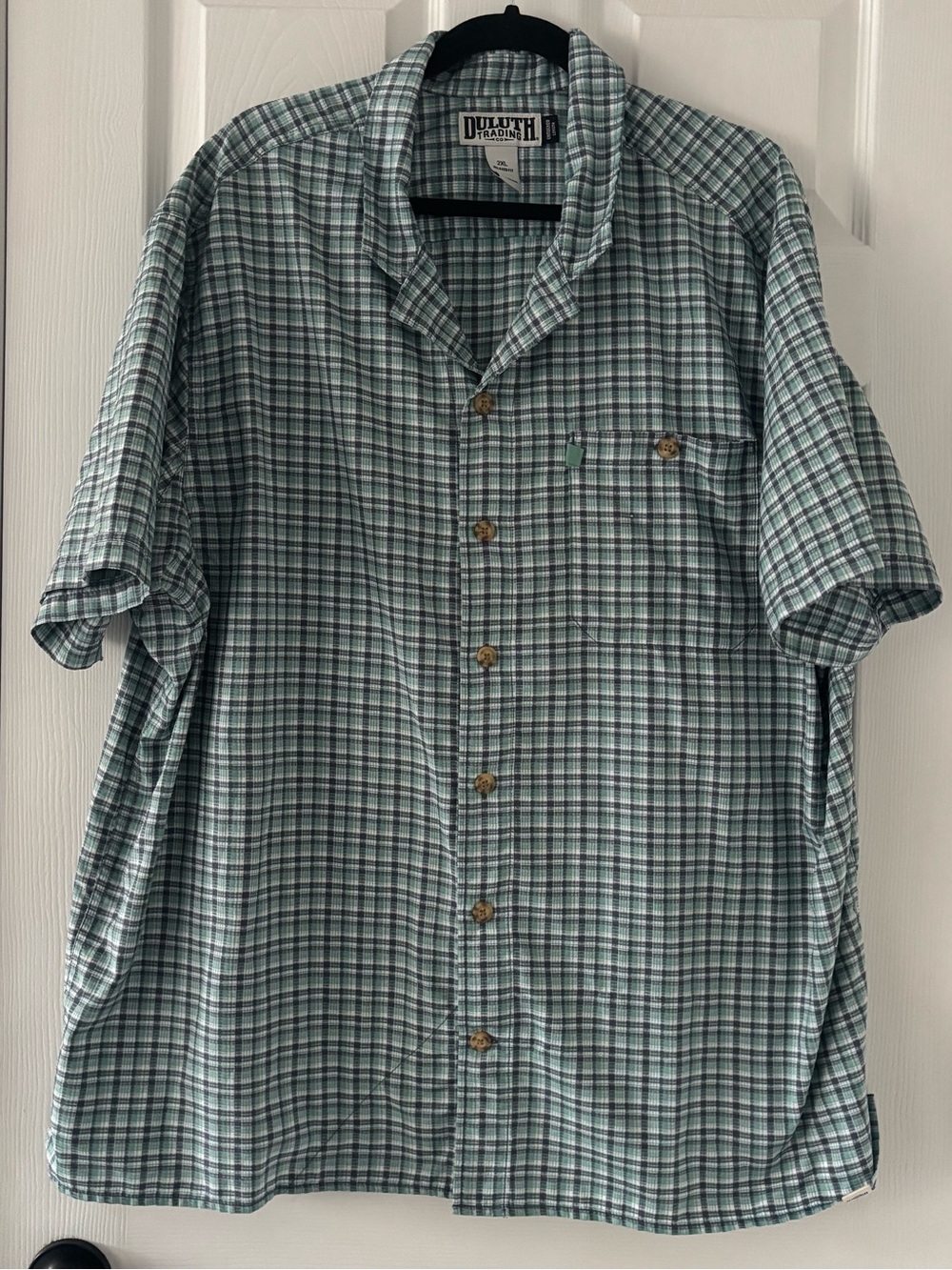 Duluth Trading Plaid Button Down Blue Green Short Sleeve Shirt Men's 2XL XXL